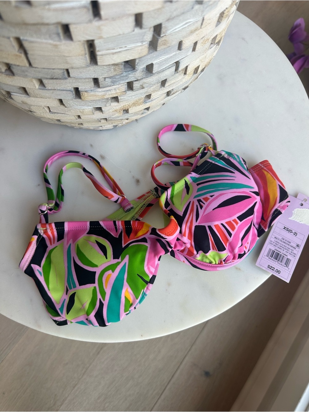 Colorful Leaf Print Underwire Bikini Top - Pink & Green